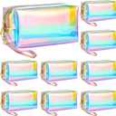 Dunzy 8 Pcs Holographic Iridescent Clear Makeup Bags with Zipper Travel Cosmetic Pouches with Wrist Loop Waterproof Toiletry Organizer Case Home Office Beach Pouch Purse Diaper Vacation Gift Bag(L)