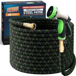 Amazon.com : PowerFlow Garden Hose, NON-EXPANDABLE 25 Feet Premium Quality Stainless Steel Metal Water Hose with Durable Fabric Skin, Hose For Commercial, Residential Use, Bonus 10-way Spray Nozzle (25 Ft, Black) : Patio, Lawn & Garden