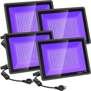 4 Pack 300W LED Black Flood Light, Outdoor with Plug and Switch, IP66 Waterproof Blacklight for Glow Party, Halloween, Poster, Body Paint, Aquarium