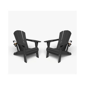Folding Adirondack Chair with Cup Holders Set of 2, HDPE Plastic Outdoor Chairs, Weather Resistant, Real Wood Look for Patio, Deck, Fire Pit, Backyard, Black
