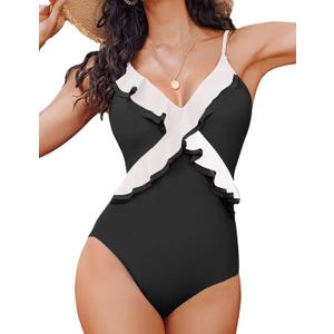 AI'MAGE One Piece Swimsuit for Women Tummy Control Ruffle Bathing Suit V Neck Push Up Swimwear S-XXL (Black/White)