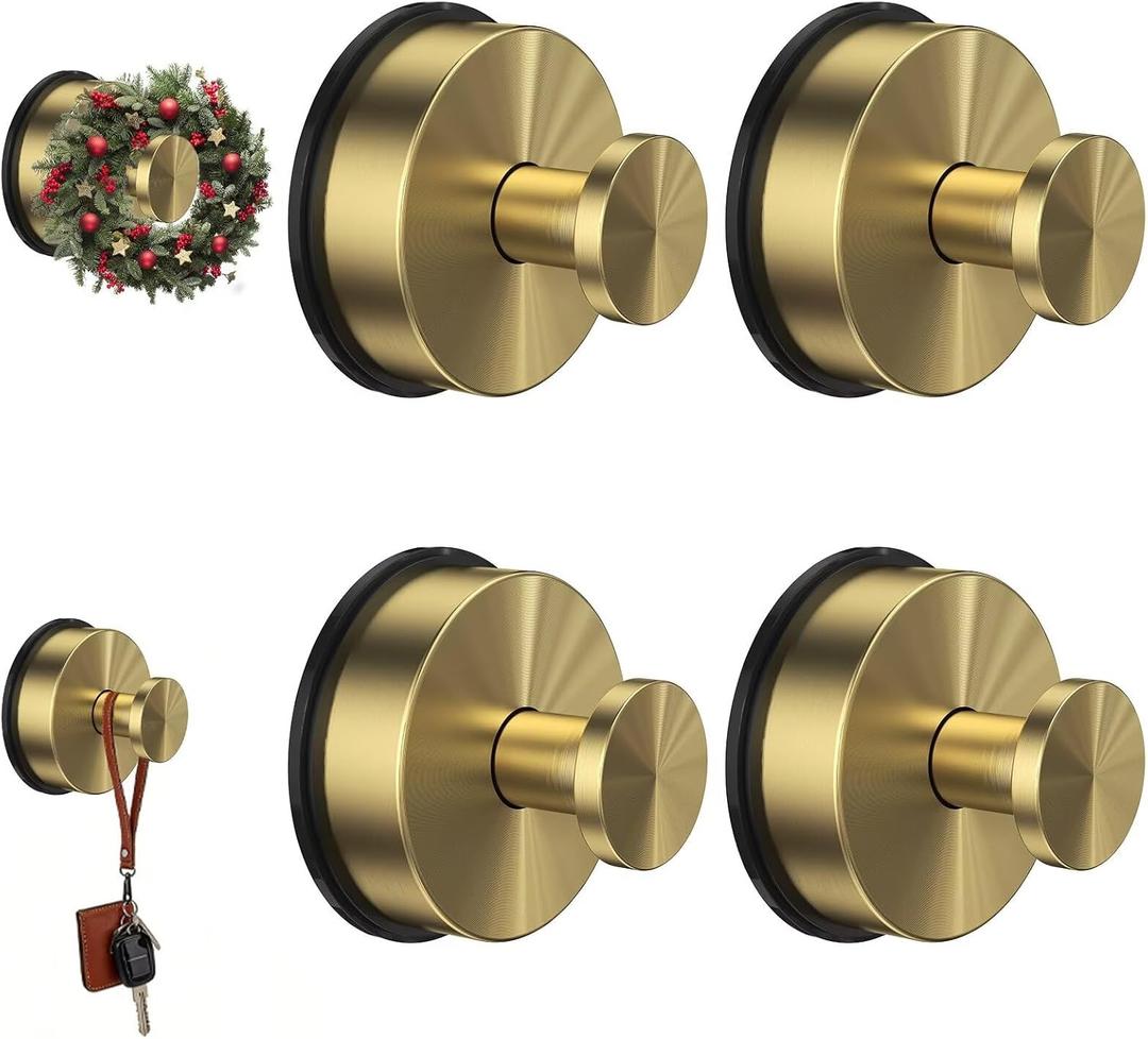 VZZNN 4 Pack Stainless Steel Vacuum Suction Cup Hooks - Heavy Duty Shower Towel Suction Reusable Bathroom Hooks - for Shower, Mirror, Wall, Bathroom, Glass, Hanging Towels Golden