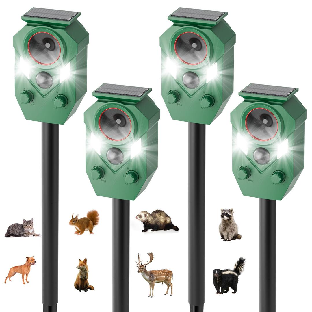 4-Pack Solar Powered Ultrasonic Animal Repeller, Outdoor Waterproof Deer Squirrel with Motion-Activated Sensor Strobe Light, for Cats, Raccoons, Skunks, Rabbits and More