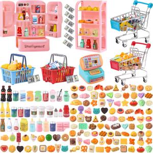 143 Pcs Mini Shopping Cart Basket Miniature Food Drink Bottle Toys, Supermarket Shelve Metal Handcart Cash Register for Dollhouse Store AccessoryPretend Play Cosplay Game Kids Party Favor