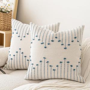 LILEPOY Boho Throw Pillow Covers 20x20 Set of 2 Neutral Decorative Textured Cushion Case Farmhouse Pillowcase Modern Square Pillow Covers for Sofa,Couch, Living Room,Beige and Blue