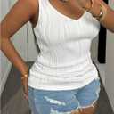 Women's Plus Size Summer Tank Top V Neck Textured Sleeveless Tops Fitted Basic Undershirts (White, XL)