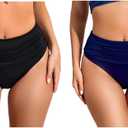 COCOPEAR Full Coverage Bikini Bottoms for Women Mid Rise Bathing Suit Bottoms for Women Ruched Tummy Control Swim Bottoms 2# Black+ Navy 2XL