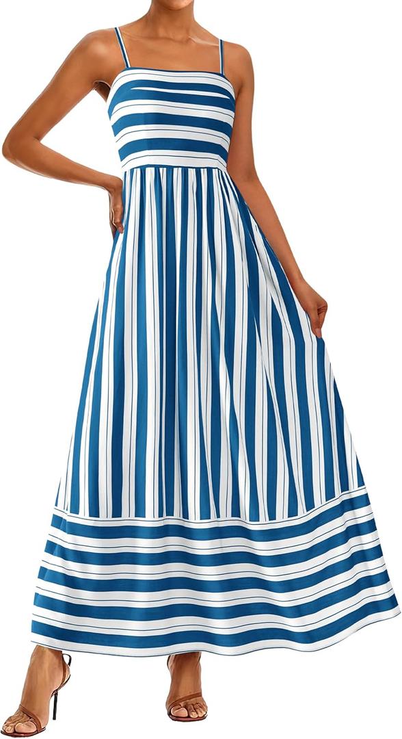 PRETTYGARDEN Women Summer Maxi Dresses 2026 Spaghetti Strap Boho Floral Striped Wedding Guest Beach Vacation Flowy Long Dress (Large, Striped White Blue)