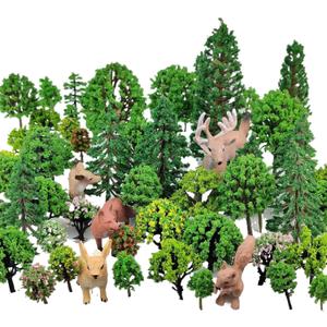 66 Pcs HO Scale Trees Kit with Animals & Shrubs, Model Railway Scenery Forest Diorama Supplies for Train Layout, DIY Sand Table Crafts
