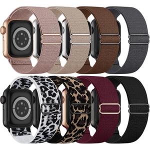 8 Pack Stretchy Solo Loop Band Compatible with Apple Watch Bands for Women Men 40mm 38mm 41mm 42mm 44mm 45mm 46mm 49mm, Nylon Braided Strap for iWatch Series 11 10 9 8 7 6 SE 5 4 3 Ultra 3 Ultra 2 (Leopard/Black/Brown/Pink/Milk Tea/Gray/Wine/White Leopard)
