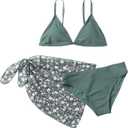SHENHE Girl's 3 Piece Swimsuit Cute Spaghetti Strap Triangle Bikini with Ditsy Floral Print Cover Up Kid Bathing Suit (Green)