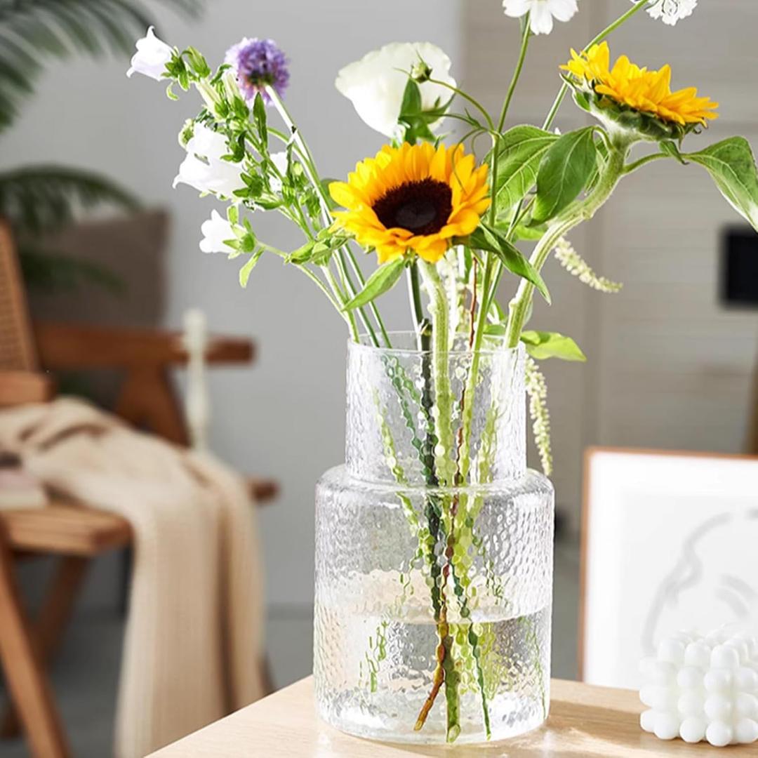 Ribbed Vase Glass Fluted Flower - Esmiome Clear Vases Modern Flower Vase Decorative with Big Capacity Pot Large Wide for Flowers Home Office Wedding, Office, Living Room, Table,Shelf, 6.3''(W)*10''(H)