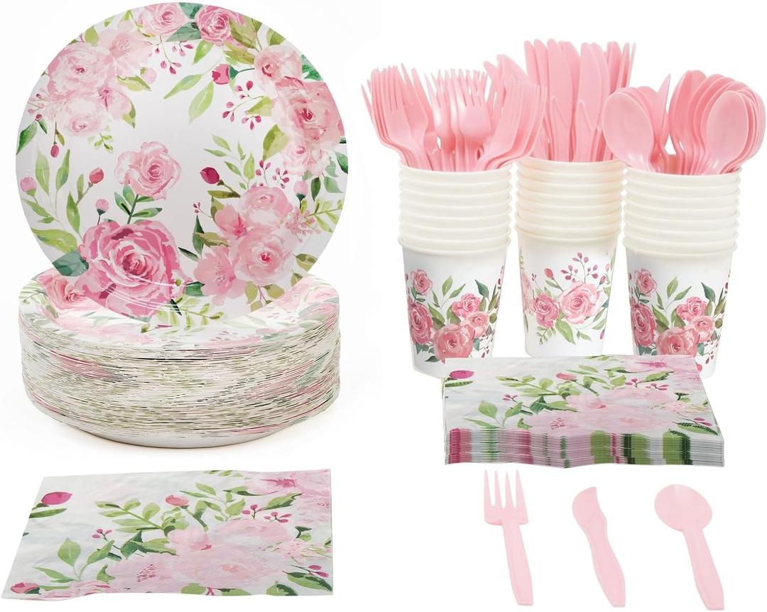 BLUE PANDA 144 Piece Vintage Style Tea Party Supplies, Includes Disposable Floral Paper Plates, Napkins, Cups, & Cutlery, For Baby Showers, Weddings, Garden Party & More - Serves 24