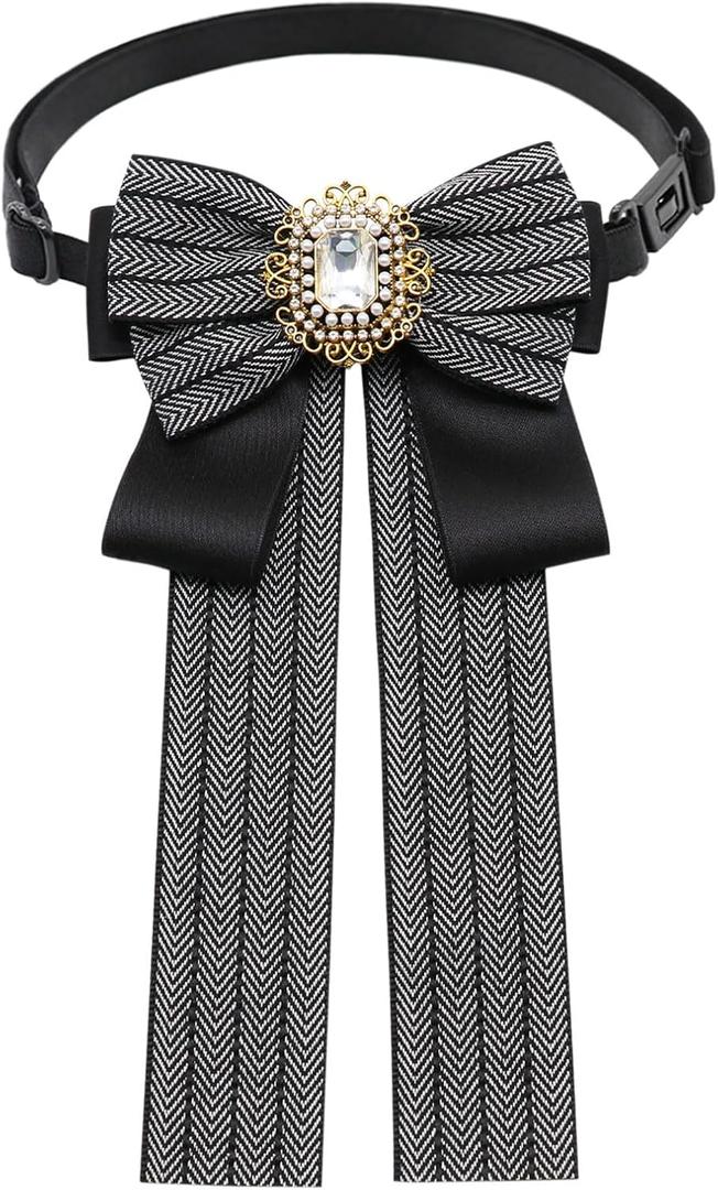 Bow Tie for Women Girls, Rhinestone Bowtie Pre-tied Womens Neck Tie for Shirt Uniform Wedding (Black-adjustable Style)