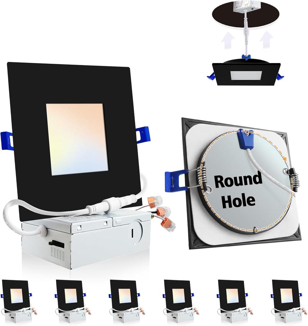 Adetu 4 inch Square Led Recessed Lighting Black,5CCT Ultra Thin Square Led Ceiling Light with Junction Box, 2700K/3000K/3500K/4000K/5000K Selectable,Dimmable,ETL and Energy Star Certified (Black - 6 Pack)