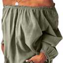 Womens Linen One Shoulder Top Stylish Cotton Long Sleeve Ruffle Balloon Sleeve Shirt for Casual Elegance (Large, Army Green)