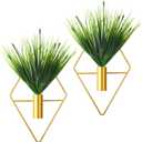 2 Pieces Gold Wall Decor Hanging Planters with Artificial Plants Metal Vase Indoor Plants Holder Modern Geometric Wall Art for Home Bathroom Bedroom Living Room Office(Aquatic Plant,Small)