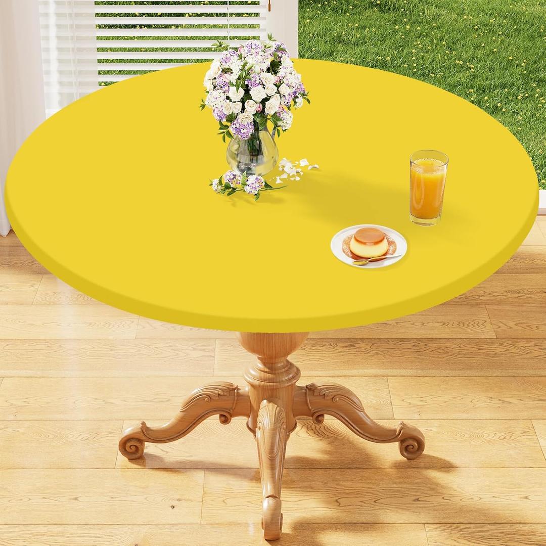 homing Round Elastic Fitted Tablecloth, Water-Resistant Fabric Tablecloths for 45"-56" Tables, Washable Polyester Table Cover for Picnic, Caming, Dinner, Indoor & Outdoor, Yellow