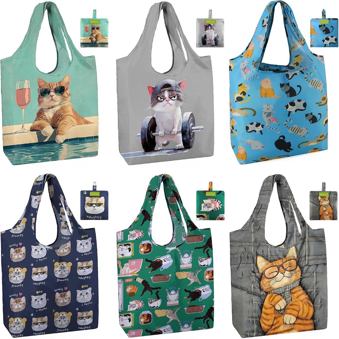 BeeGreen Cat Reusable Shopping Bags Cute Grocery Bag 6 Pack, Christmas Gift Bags Heavy-Duty Foldable Shopping Totes for Supermarket, Work & Travel, Large Washable Polyester Tote Bag with Handles