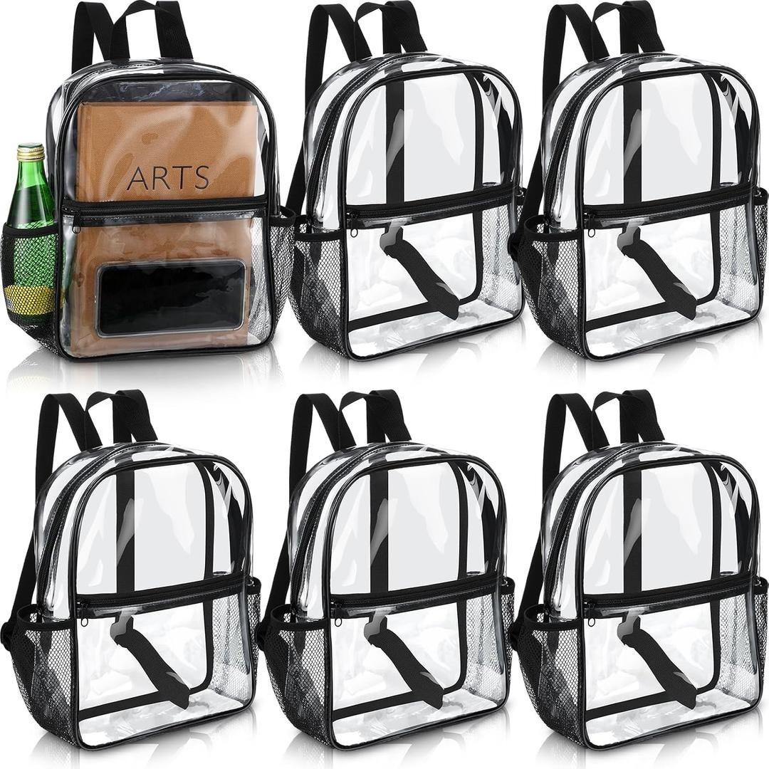Sweetude 6 Pcs Clear Backpack bulk 11.4 x 9.5 x 5.1 Inch Bag Stadium Approved Plastic Transparent Backpack with 2 Water Holders (Black)
