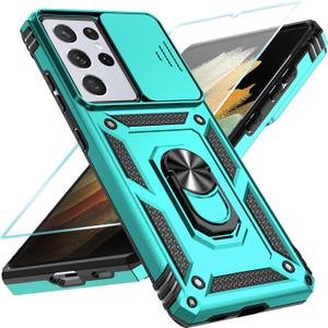 SunStory Phone Case for Samsung Galaxy S21 Ultra 5G Case with HD Screen Protector & Slide Camera Cover & Rotated Ring Kickstand, [Military-Grade] [2 in 1] Phone Case for Galaxy S21 Ultra 6.8'', Teal