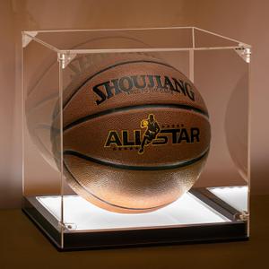 Basketball Display Case with LED, Thickened UV Protection Clear Acrylic Lid Basketball Holder, Wood Basketball Base Stand Basketball Cases for Autographed Basketball, Black