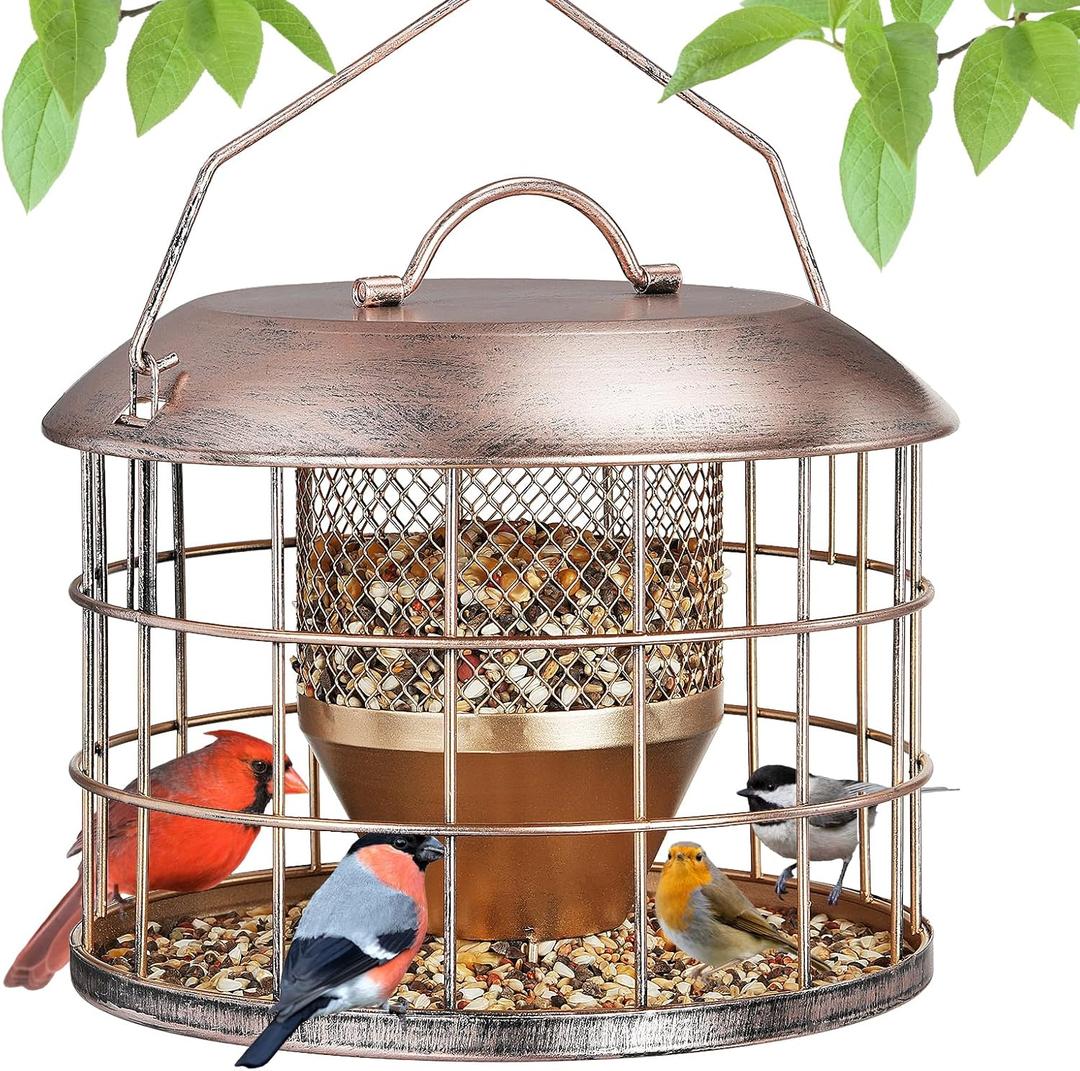 Metal Caged Bird Feeder, Squirrel Proof Bird Feeders for Outdoors Hanging, Wild Birds Feeder for Small Sparrows Finchs, Squirrel Chew-Proof Birdfeeder for Outside Backyard Birding Watching Gifts