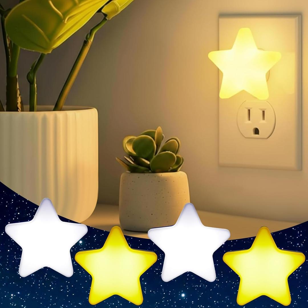 Mudder 4 Pcs Star Night Light Plug into Wall Soft LED Night Light Cute Wall Nursery Lamp Warm Sensor Plug-in Nightlight for Bedroom Hallway Baby Shower Birthday Wedding Gift(Star,Yellow, White)
