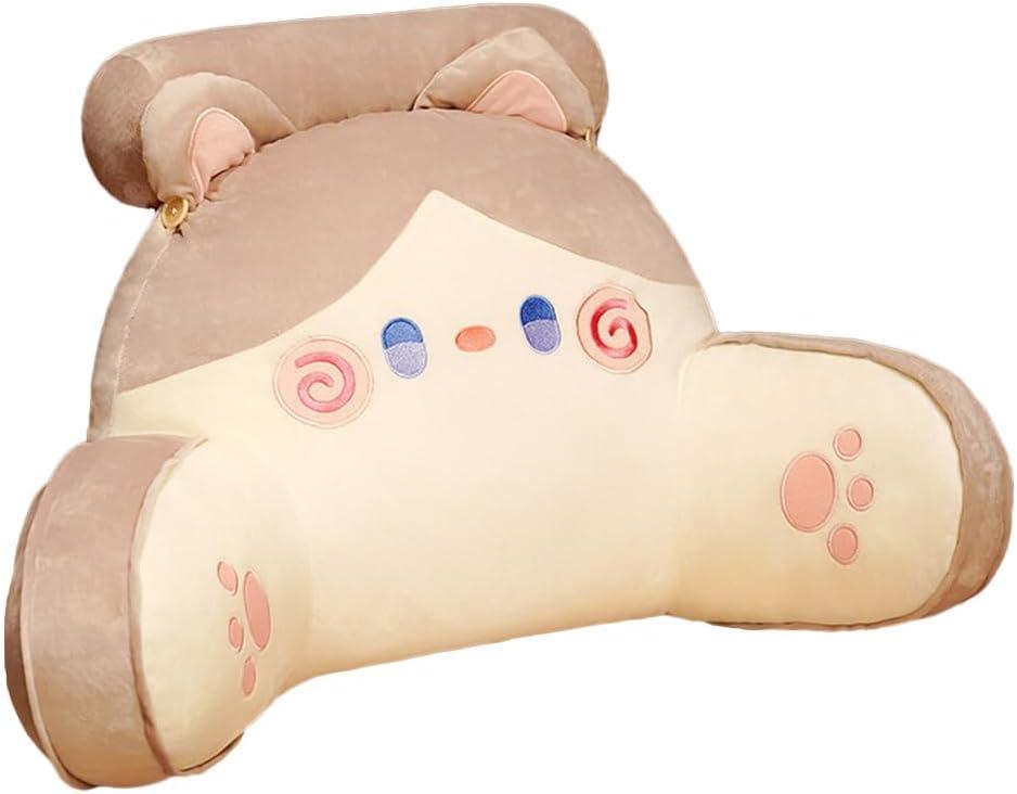 Reading Pillow for Kids/Teens/Adults, Back Pillow for Bed Backrest with Arms, Bed Rest Pillow with Detachable Neck Roll for Sitting in Bed or Couch for Watching TV/Gaming/Relaxing (Medium-25.59*15.75inch, Milk Coffee Bell Cat)