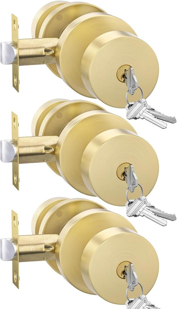 Goldenwarm Gold Exterior Door Knobs, Zinc Alloy Brushed Gold Keyed Entry Door Knob with Lock, Brushed Brass Door Knob with Lock and Key, Heavy Duty Round Ball (3 Pack)