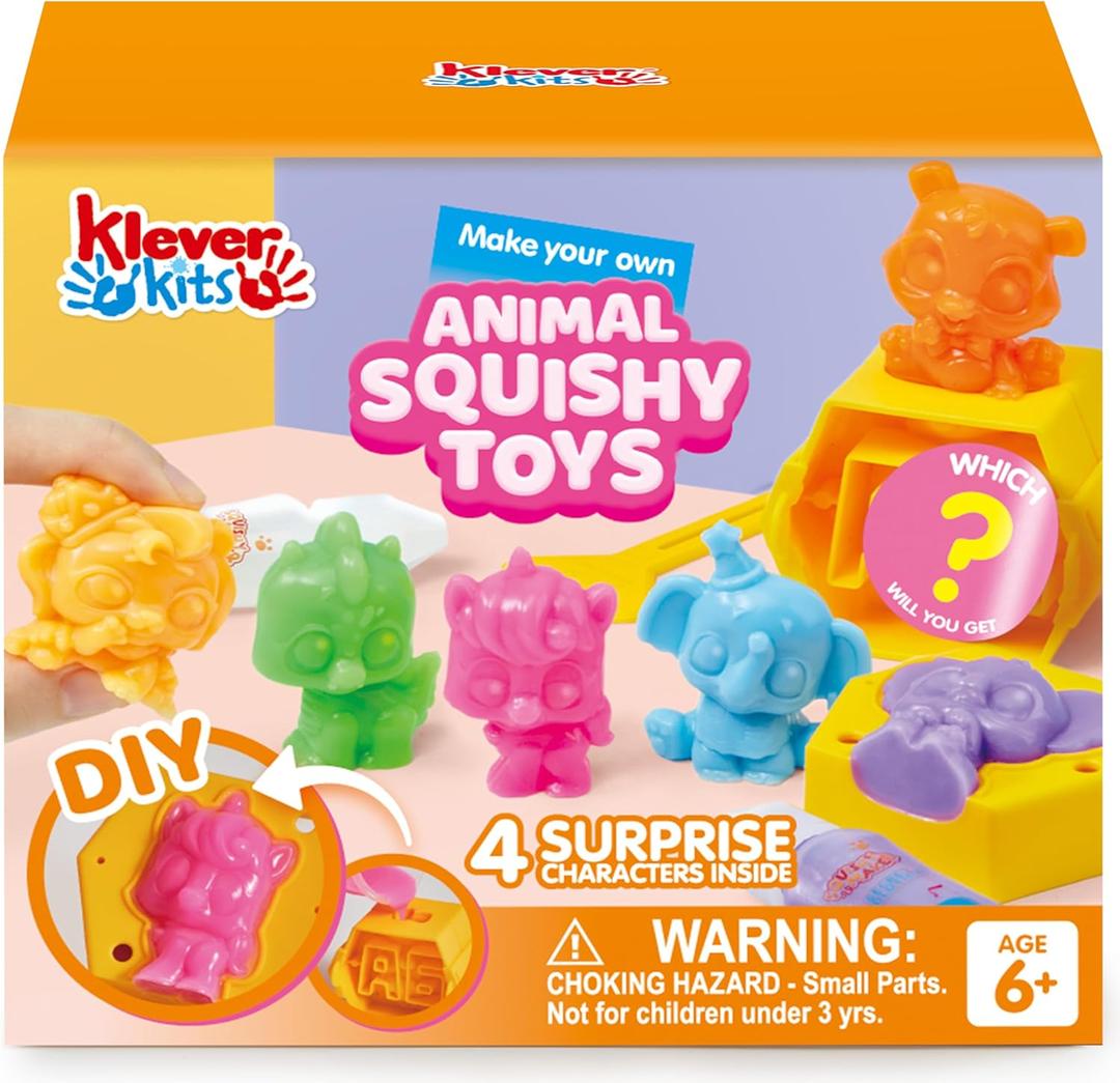 Klever Kits Mystery Box Squishy Animal Kit, 4 Characters, Squishy Toys for Kids Ages 6+, Arts and Crafts