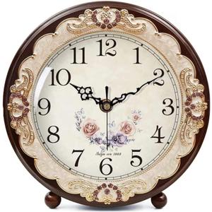 Justup Vintage Wooden Table Clock, Retro Non-Ticking European Style Beside Mantle Desk Clock Battery Operated Silent Quartz Movement for Bedroom Living Room Indoor Decor (Purple)