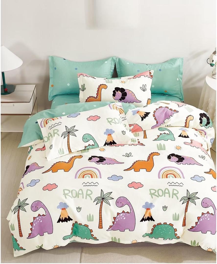 100% Cotton Duvet Cover Twin Floral 2 Pieces Bedding Set Cartoon Bunny and Dinosaur Garden Soft Breathable Comfy 1 Comforter Cover 1 Pillowcases Hidden Zipper Closure (Dinosaur)