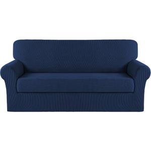 Turquoize Stretch Sofa Slipcover 2 Pieces Sofa Cover Couch Cover for 3 Cushion Couch Washable Furniture Protector Covers with Elastic Bottom Feature Thick Jacquard Fabric (Sofa, Navy)