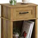 Farmhouse Nightstand with Drawer, Small Wood Bedside Table, Small Rustic Side Table, Modern End Table with Drawer, Wooden Walnut Brown Night Stand for Bedroom LET512DR