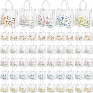 Canchiing 50 Pcs Wildflower Clear Gift Bags with Handles Reusable Spring Flower Treat Bags PVC Gift Wrap Totes for Floral Themed Baby Shower Wedding Birthday Party Favors, 7.9 x 7.9 x 3.1