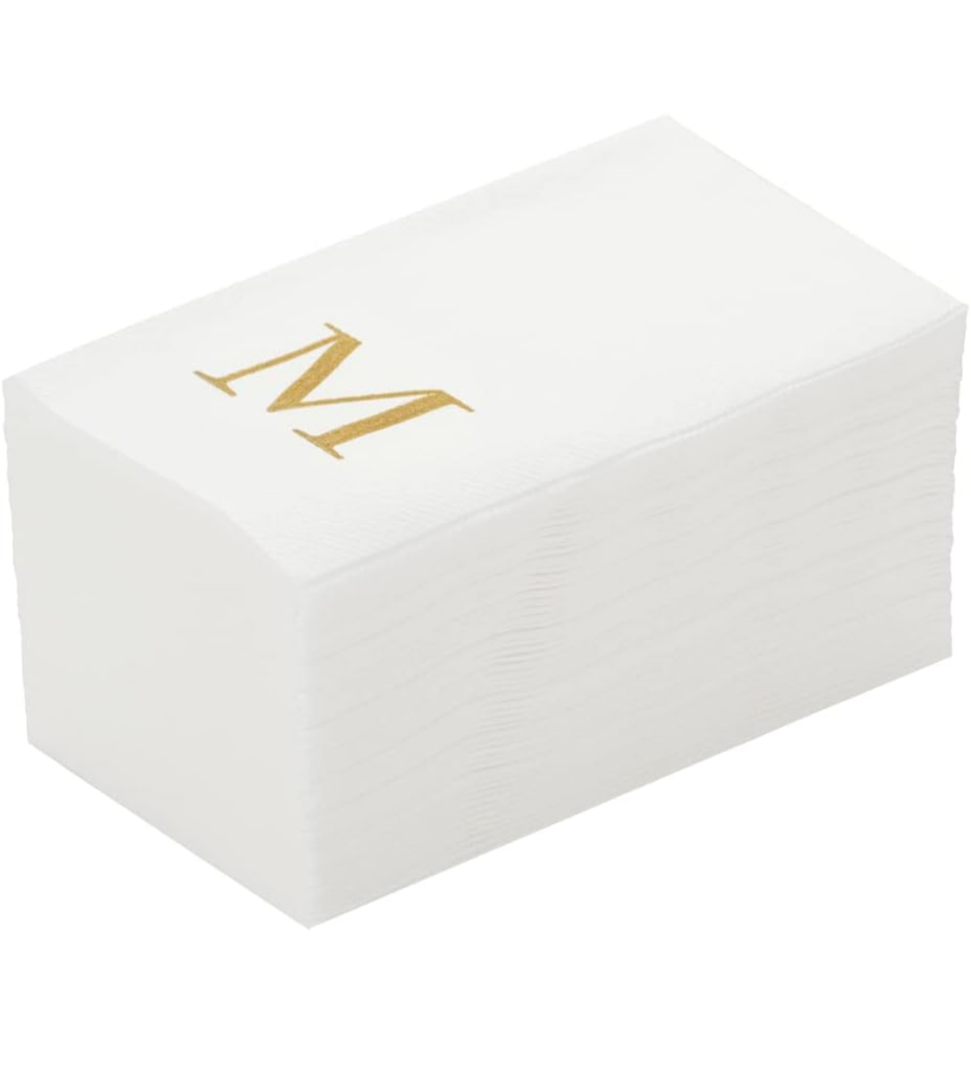 Sparkle and Bash 100 Pack Gold Foil Initial Letter M White Monogram Paper Napkins, 4x8 inch Disposable Dinner Napkin for Wedding Decor, and Table Decorations