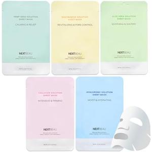 NEXTBEAU PACK OF 13 Solution Sheet Mask Pack 5types x 4pc Aloe, Niacinamide, Collagen, Hemp seed, Hyaluronic Acid, EXP: 11/2027