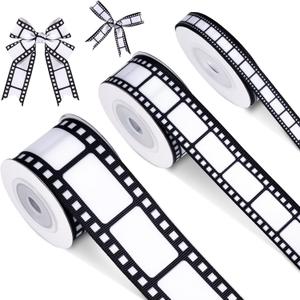 Cunno 3 Rolls Filmstrip Ribbon Film Movie Ribbon Decorating Material Party Accessory for Theatre Cinema Themed Party Decor Home DIY Wrapping Wreaths Crafts, 0.4, 0.87, 1.5 Inch Wide, 15 Yard (Black and White)