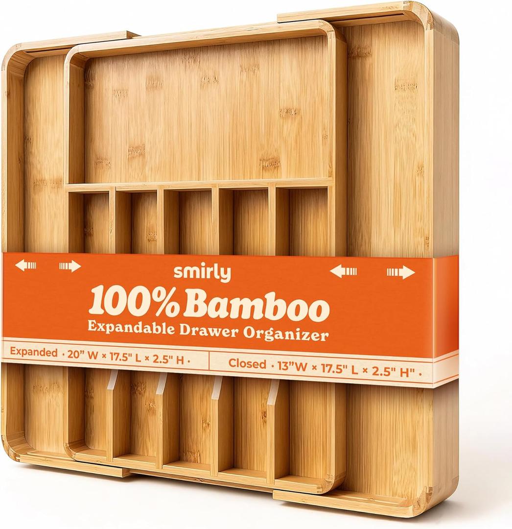 SMIRLY Silverware Drawer Organizer Bamboo Kitchen Drawer Organizer, Adjustable Utensil Holder and Cutlery Tray, Drawer Dividers for Flatware and Kitchen Utensils | Adjustable, Drawer Dividers, Flatware, Kitchen Utensils