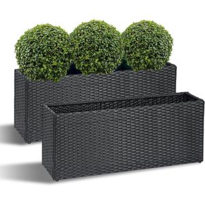 SUNNYPARK Set of 2 Large Rectangular Planter with Removable Liner, All-Weather PE Rattan Modern Planters Indoor Outdoor Flower Plant Pots Garden Box Patio Yard Front Porch Deck (36''x12''x16'', 2 Pack, Black)