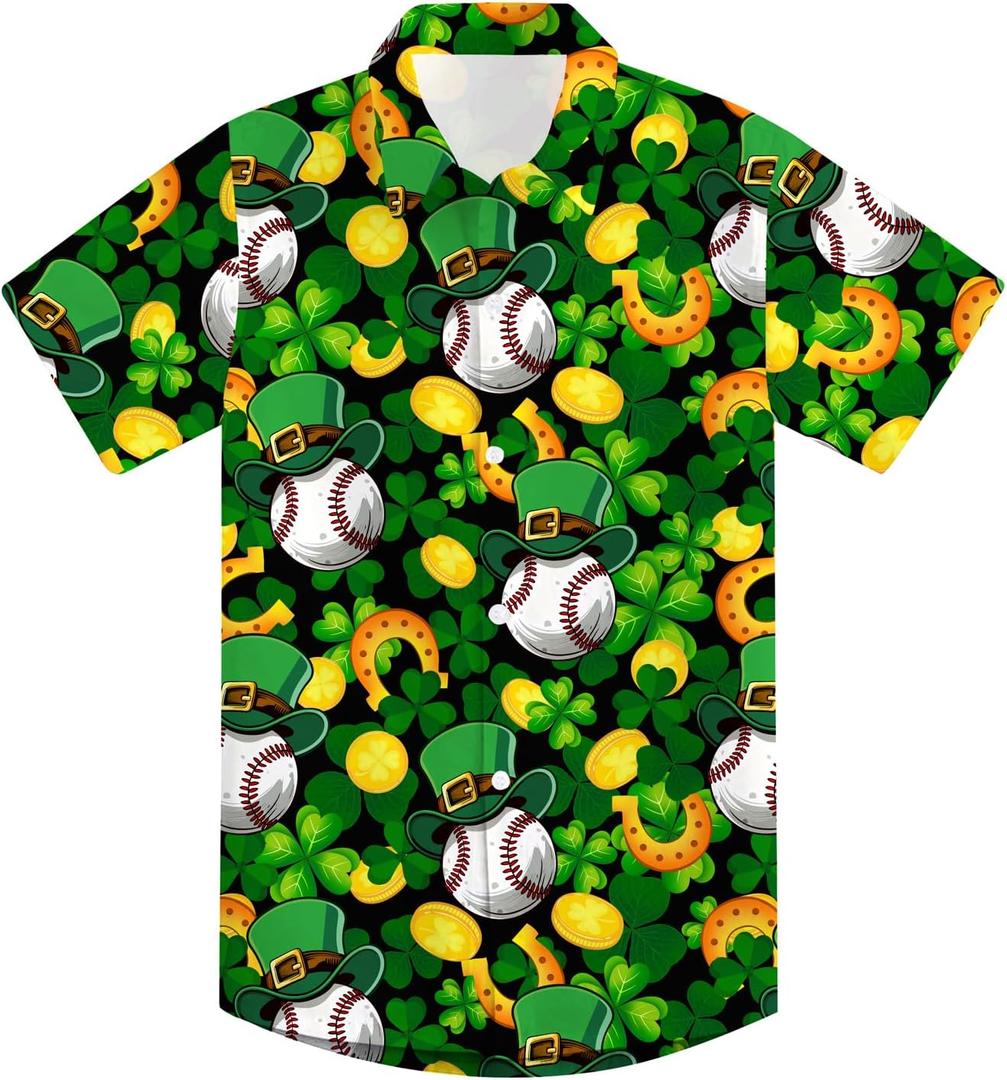 UNICOMIDEA Kids St Patricks Day Shirt Green Shamrock Plaid Shirts Short Sleeve for 11-12 Years Boys Button Summer Tops Party Holiday