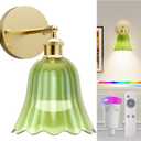 Large Battery Operated Wall Sconce with Green Tulip Glass Lampshade Wireless Sconces 10000mAh Rechargeable Battery Powered Wall Light with Remote Control for Vintage Decor Bedside Bedroom Livingroom