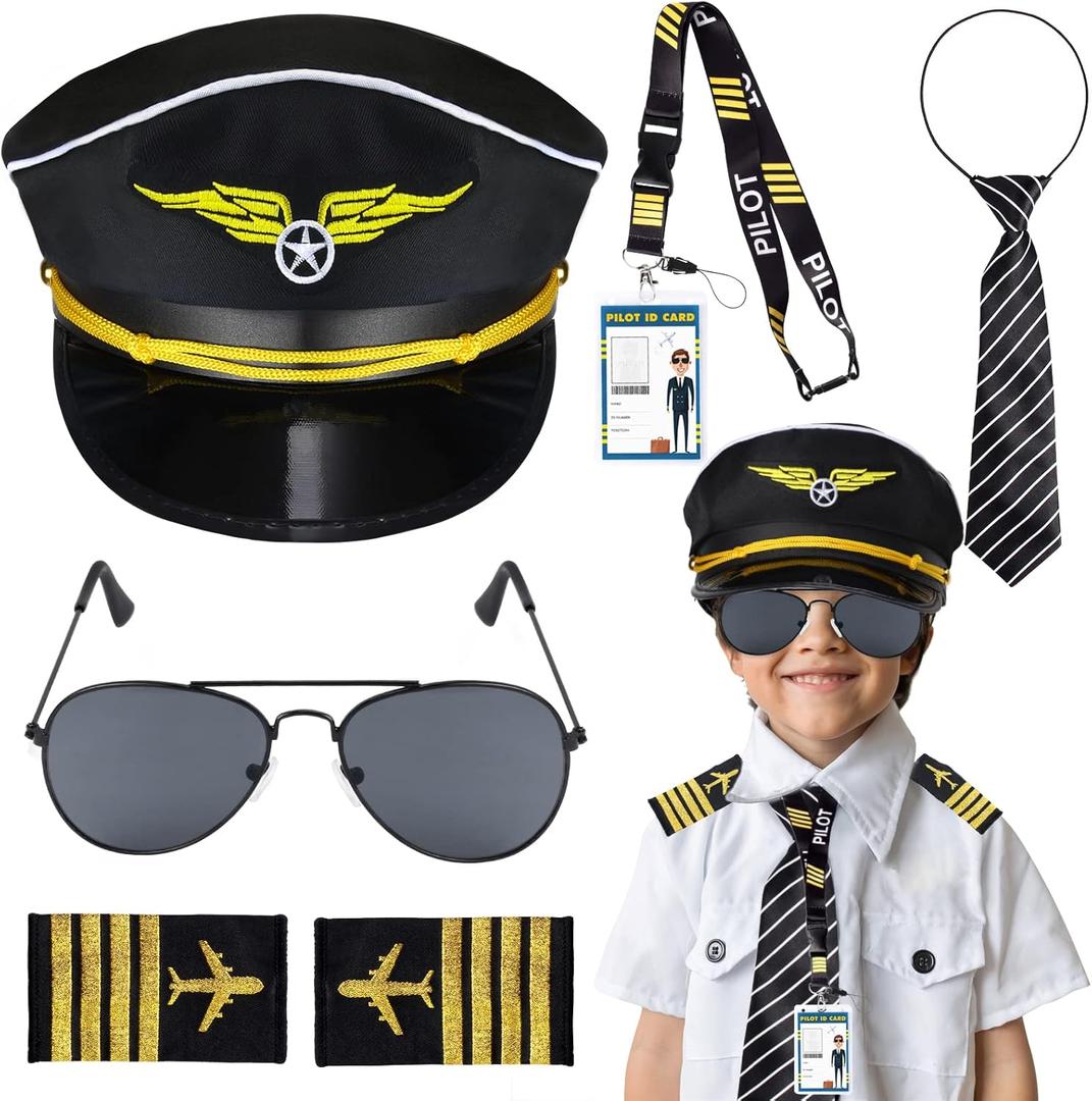 Keymall Kids Pilot Costume Accessories Set With Aviator Hat Sunglasses Tie Pin for Aviation Halloween Dress Up
