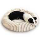 31.5“ Calming Donut Pet Bed, Premium Striped Faux Rabbit Fur Anti-Anxiety for Dog & Cat, Shredded Sponge & PP Cotton Double Filling (Orthopedic Support), Fully Washable, Durable, Waterproof & Non-Slip