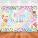 Avezano Ice Cream Happy Birtdhay Backdrop Sweet Candy Dessert Girls' Birthday Party Photoshoot Background Colorful Bday Cake Table Banner (5x3ft)