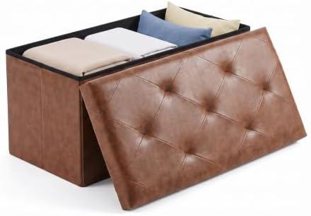 OLIXIS 30 Inch Folding Storage Ottoman Bench, Brown Ottoman with Storage | End of Bed Storage Bench with Foam Padded Seat, Synthetic Leather Storage Chest for Bedroom, Living Room, Loads 660 LB, Brown