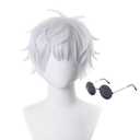 Short Gray Gojo Satoru Cosplay Costume Wigs for Men Adults Halloween Male with Black Glasses (Grey)