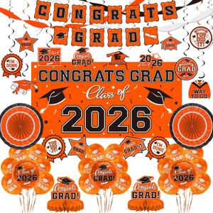 Orange Themed 2026 Graduation Decorations Set - Congrats Grad Banner, Class of 2026 Backdrop, Balloons & Streamers Kit - Complete Party Supplies for High School & College Celebrations