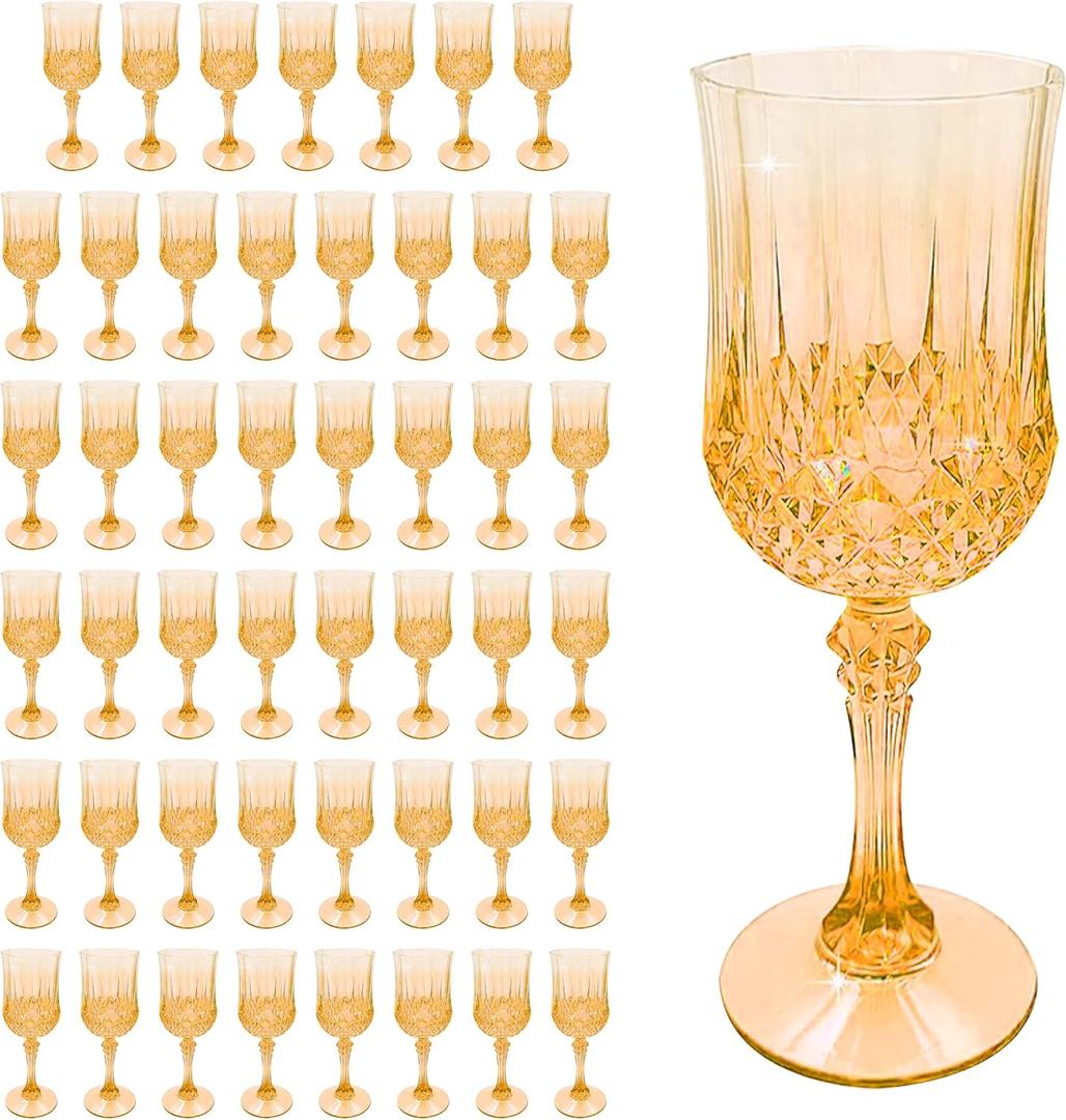 7oz Vintage-Inspired Plastic Wine Glasses | 48-Piece Crystal Textured Plastic GobletsDisposable Wine Glasses for Weddings, Parties & Elegant Events(48-Gold)